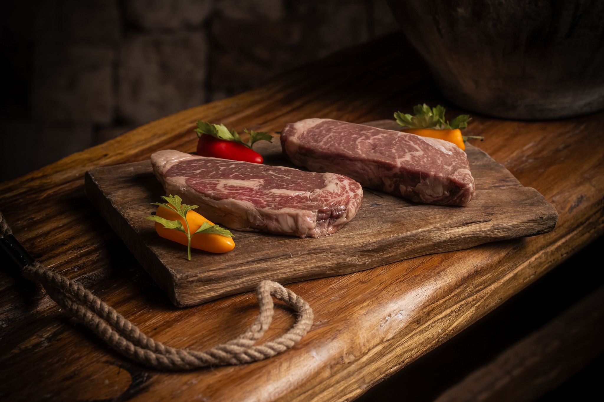 Close-up of two raw, premium-cut steaks, likely New York strips, presented on a rustic, oiled wooden slab with small peppers for garnish. This visual highlights the high-quality culinary offering of a luxury MICE event venue, catering to executive dinners, corporate banquets, and incentive travel groups seeking the finest gourmet dining experiences in Cancún