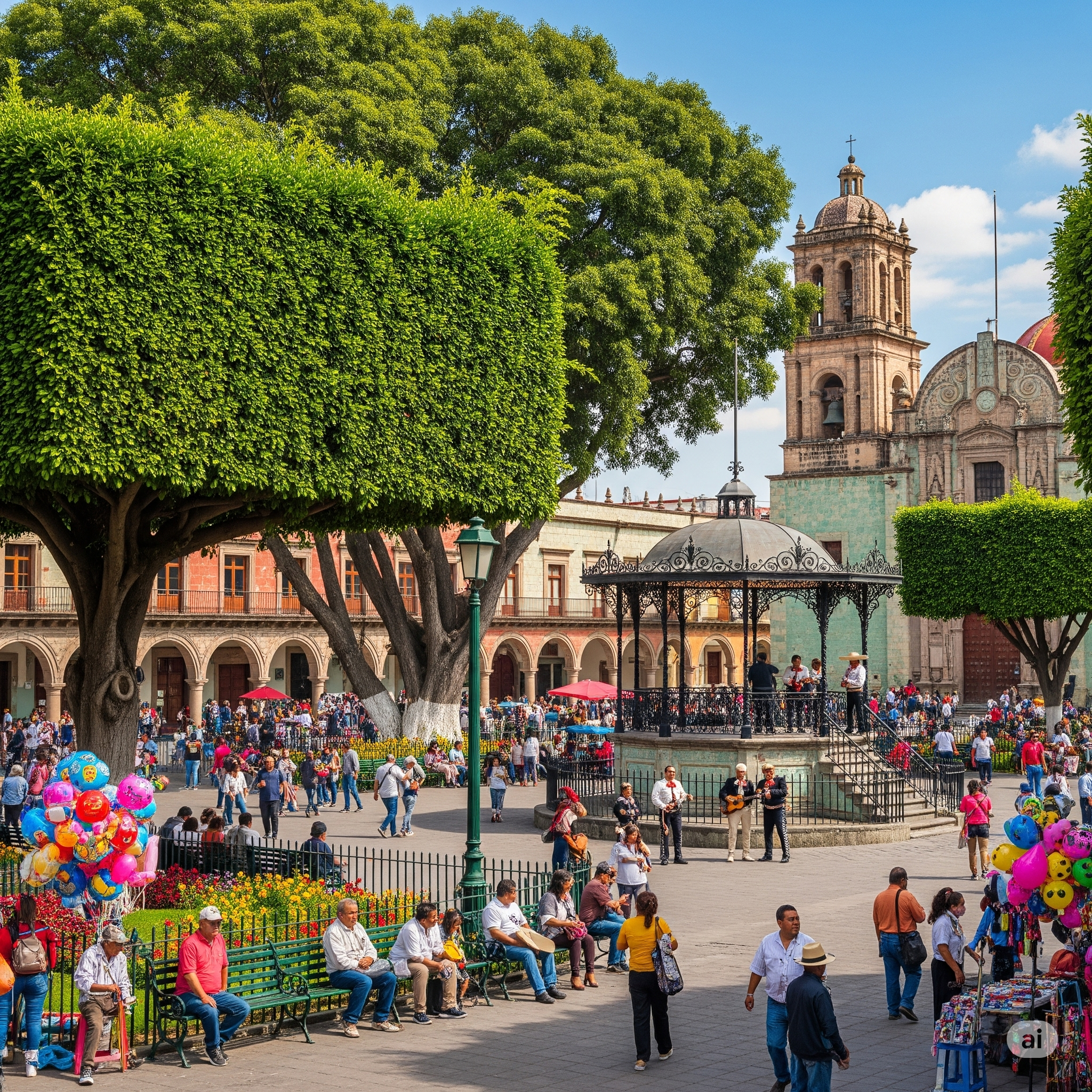 A vibrant and bustling scene in a central plaza in Oaxaca, with people relaxing, musicians playing, and a historic bandstand and church in the background. This atmosphere is perfect for immersing MICE groups in the city's lively culture and local life.