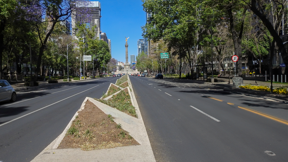A daytime view of Paseo de la Reforma in Mexico City, a wide, tree-lined boulevard with traffic and skyscrapers in the background. The Angel of Independence monument is visible in the distance. This scene showcases the city's modern, sophisticated side, making it an excellent destination for MICE industry travel and events.