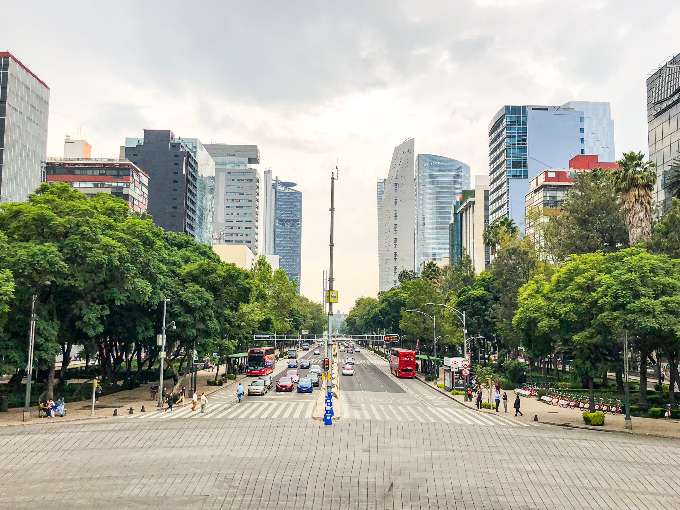 A wide-angle view of Paseo de la Reforma, a major boulevard in Mexico City, surrounded by lush green trees and modern skyscrapers. The street is busy with traffic and pedestrians, showcasing the city’s vibrant, cosmopolitan energy. This scene is ideal for MICE industry events and incentive travel.